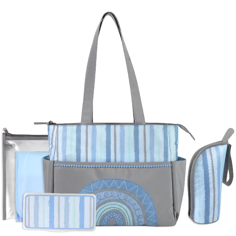 Baby Essentials Diaper Bag Tote 5 Piece Set Blue Rainbow Themed