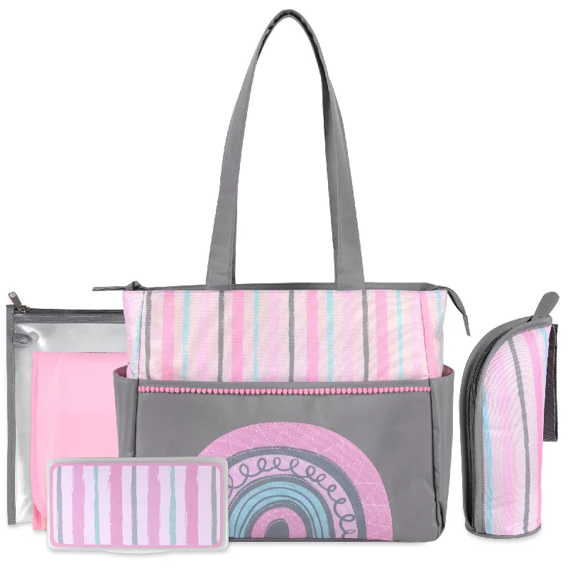 Baby Essentials Diaper Bag Tote 5 Piece Set Pink Rainbow Themed