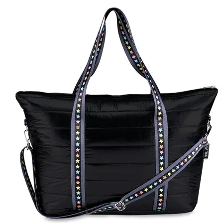 Black Puffer Weekender Tote w/ Multi Star Straps