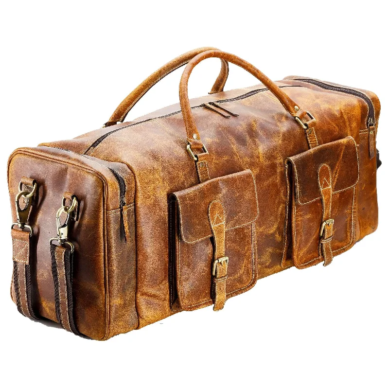 28-Inch Leather Duffel Bag for Men – Distressed Tan Travel, Sports & Overnight Gym Bag