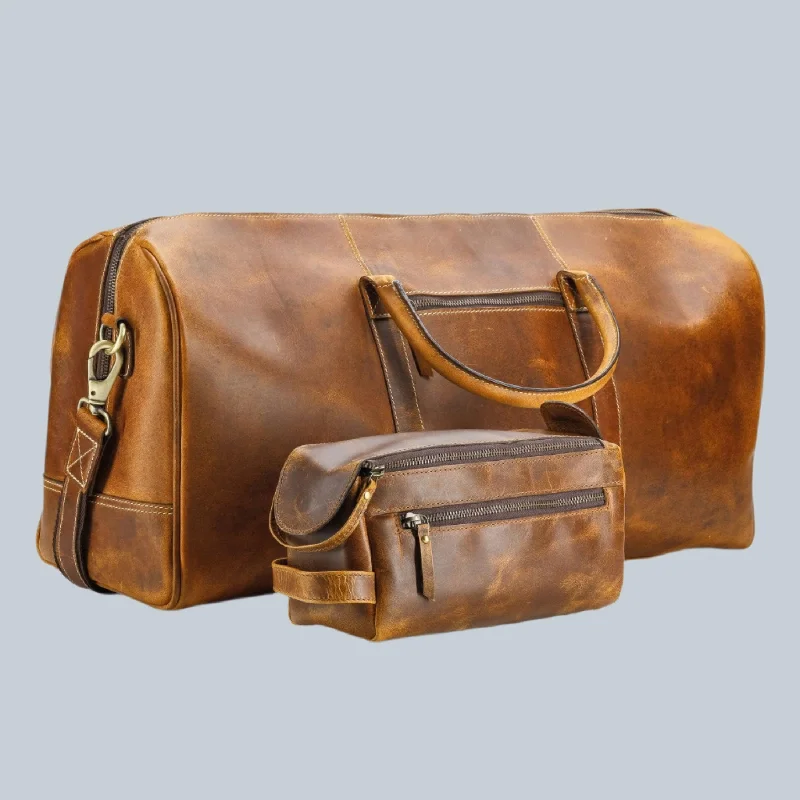 Leather Duffel Bag & Toiletry Bag Combo for Men/Women 21 inch Travel Sports Overnight Weekend Leather Duffle Bag for Gym Cabin Holdal bag