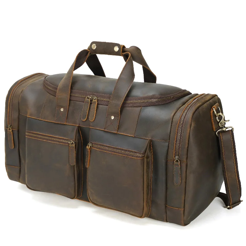 Polare 23" Full Grain Cowhide Leather Travel Duffle Bag Weekender Overnight Carry on Bag For Men