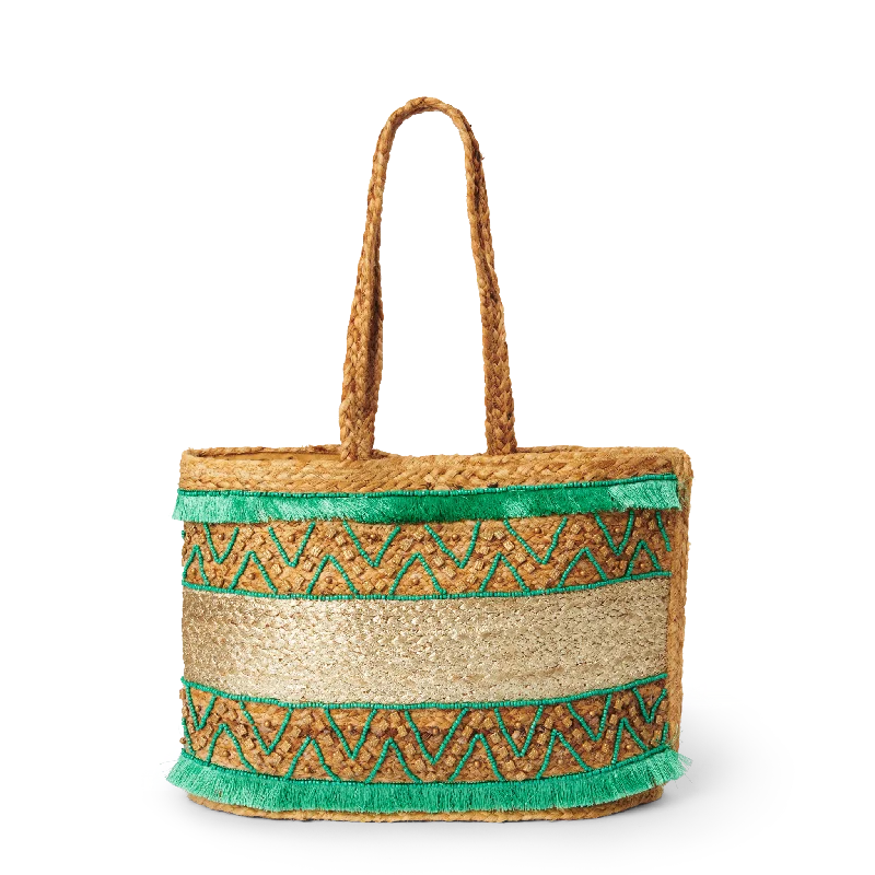 KOUKLAS CORFU BEADED FRINGE TOTE TURQUOISE