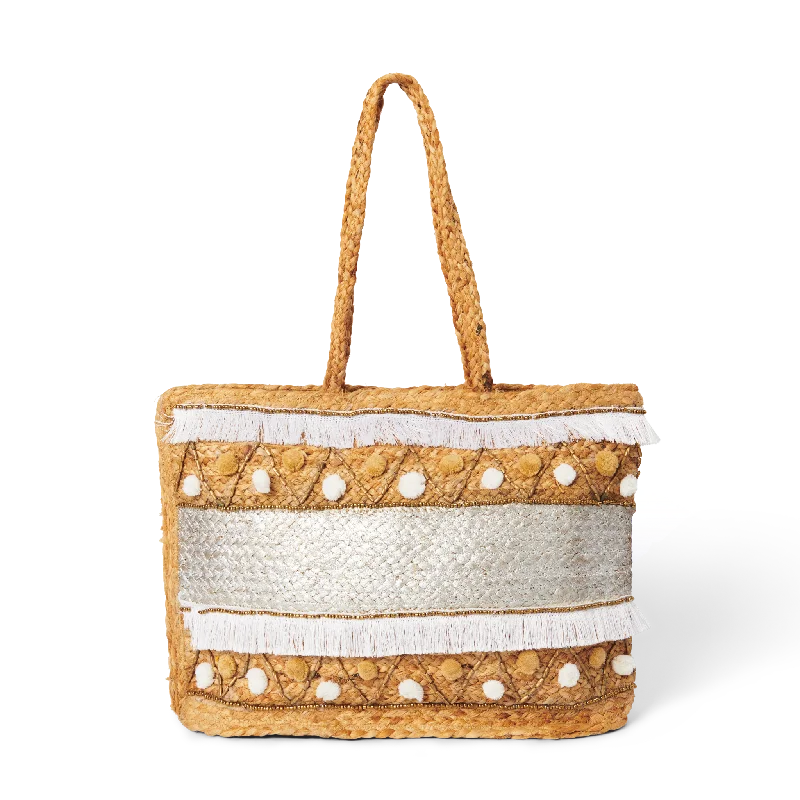 KOUKLAS NAXOS BEADED FRINGE TOTE WHITE