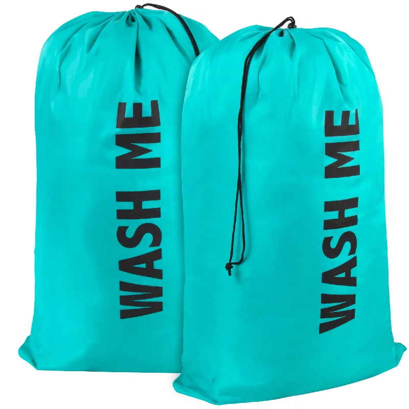 "Wash Me" Graphic Drawstring Laundry Bag 2-Pack - Turquoise