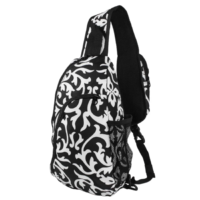 World Traveler Damask 14" Sling Crossbody Backpack Bag - Black Trim Damask